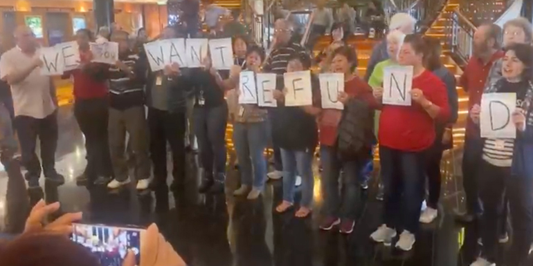 Norwegian Spirit Passengers Protest in the Atrium October 7, 2019